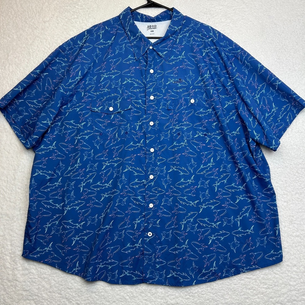 IZOD Saltwater Performance Shirt Men's 4XB Short Sleeve Shark‎ Print Button Down